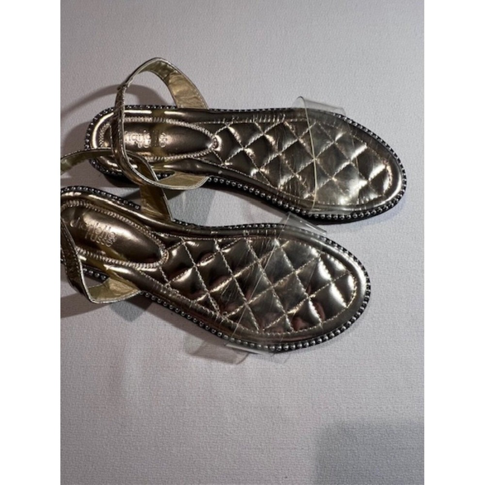 CHARLOTTE RUSSE flat sandals gold metallic quilted, clear toe strap, glam size 9